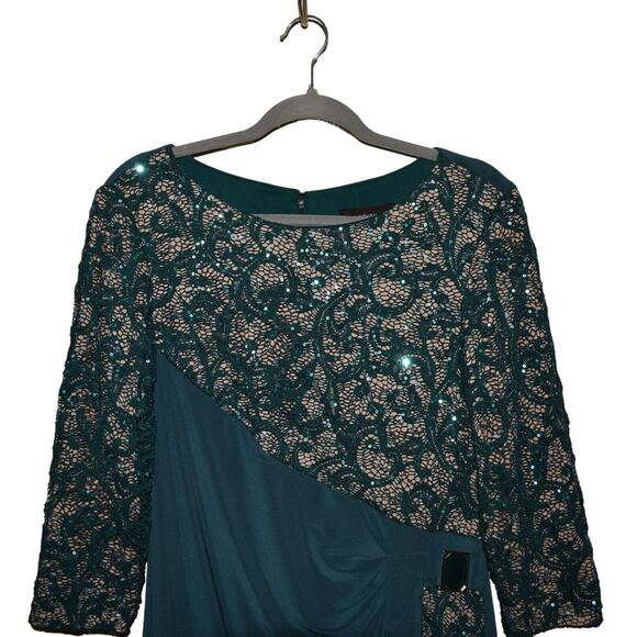 R&M RICHARDS $149 Sequin Lace Jersey Sheath Dress Emerald Green Size 12 - Picture 3 of 4